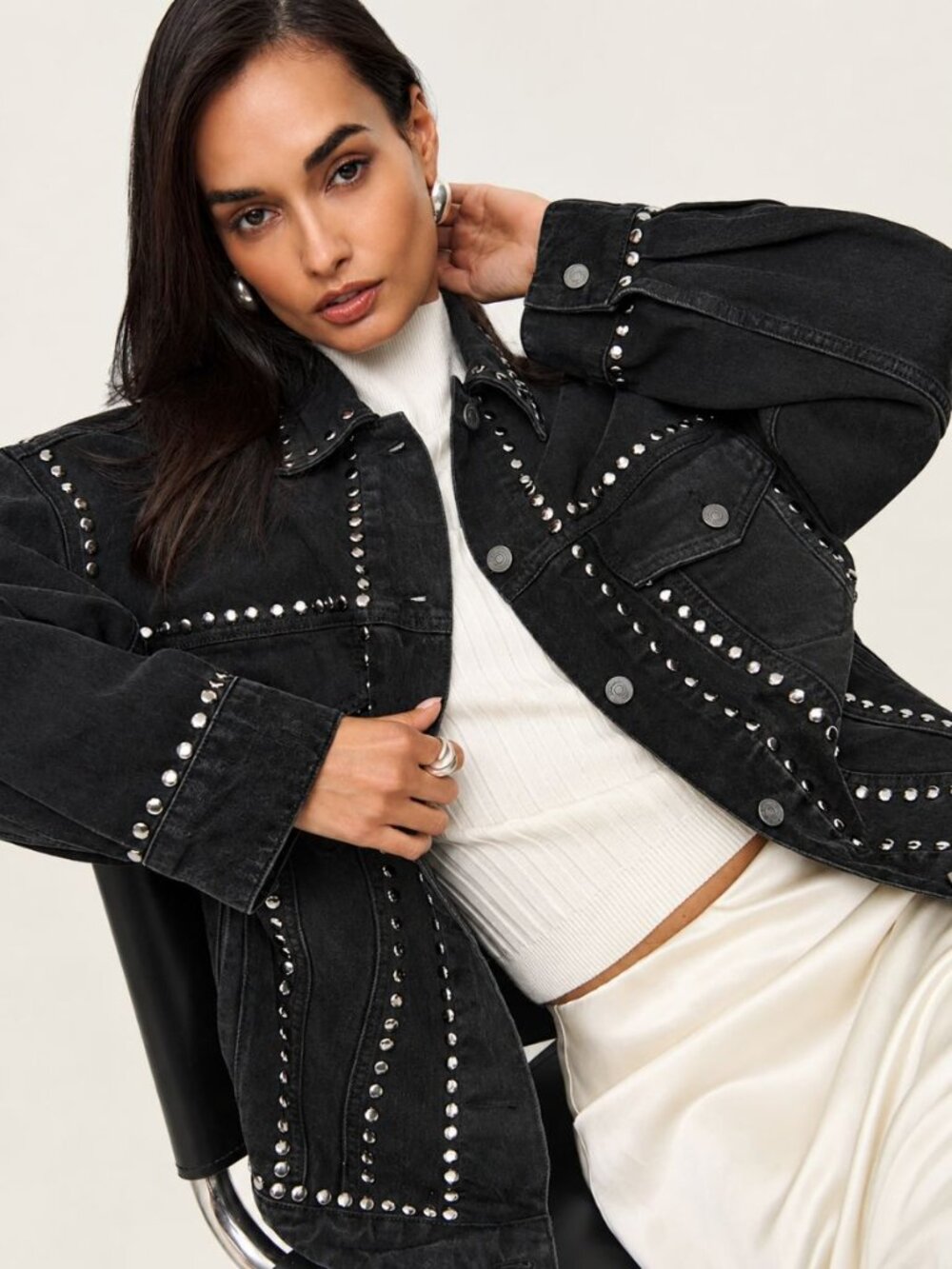 Reformation Brooks Jacket Vana Studded Oversized Denim Black Size S